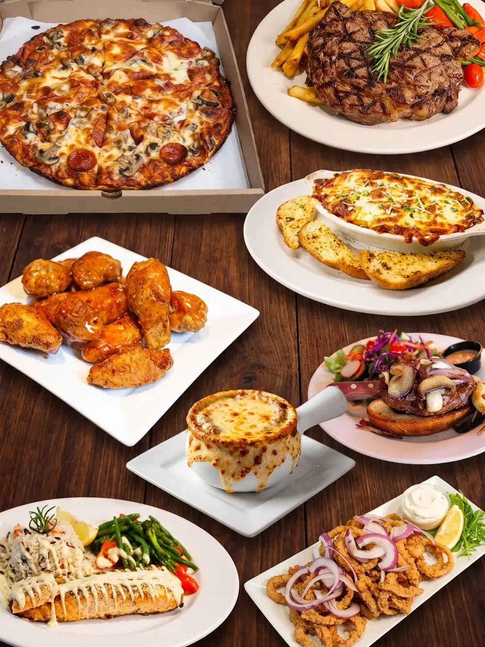 Delivery-ready steak and pizza dishes from D Jay's Restaurant across Winnipeg
